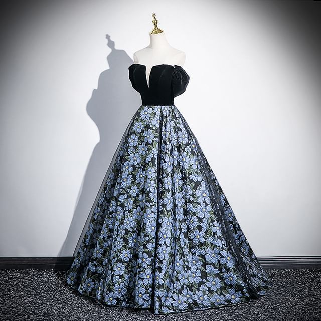 Set: Arm Jacquard Floral Evening A-Line Strapless + Sleeves Gown