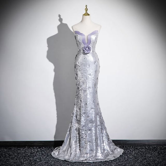 Gown Sequin Floral Evening Mermaid Strapless Accent