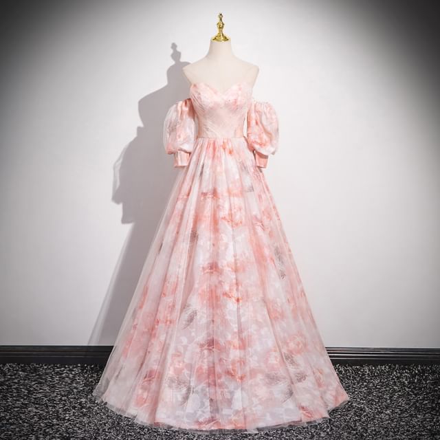 Evening Gown Print A-Line + Strapless Neckline Set: Arm Sleeves Floral Sweetheart