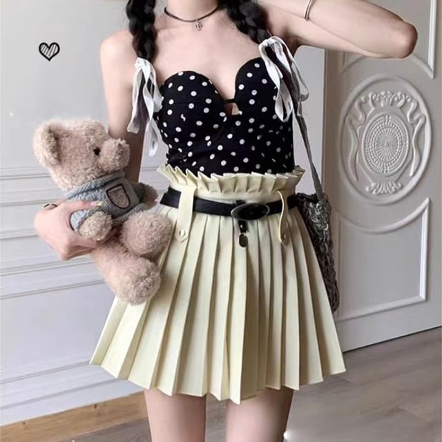 Mini Plain A-Line Pleated Rise Belted Skirt High