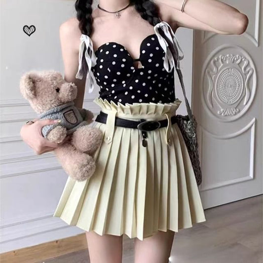 Mini Plain A-Line Pleated Rise Belted Skirt High