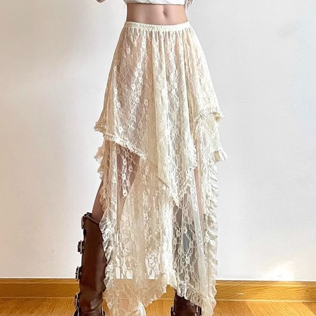 Rise Lace High A-Line Skirt Midi Plain