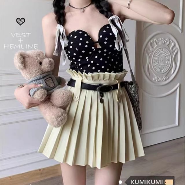 Mini Plain A-Line Pleated Rise Belted Skirt High