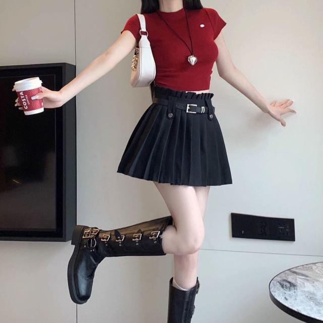 Mini Plain A-Line Pleated Rise Belted Skirt High