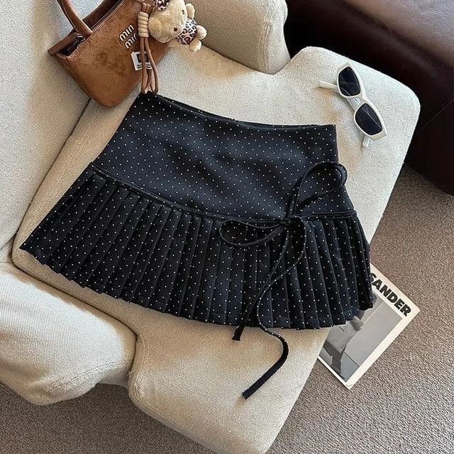 Dotted Pleated A-Line High Rise Mini Skirt