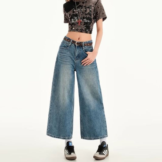 Mid Wide Rise Leg Washed Cropped Jeans
