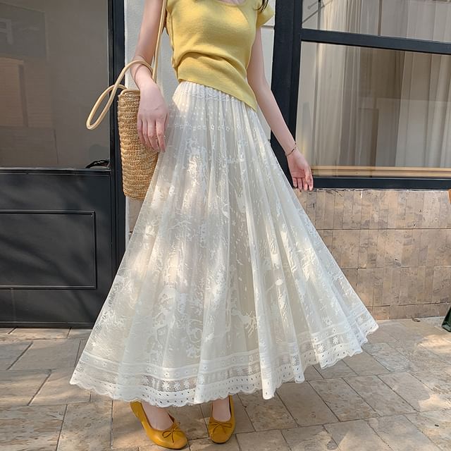 Lace Midi Skirt A-Line High Waist