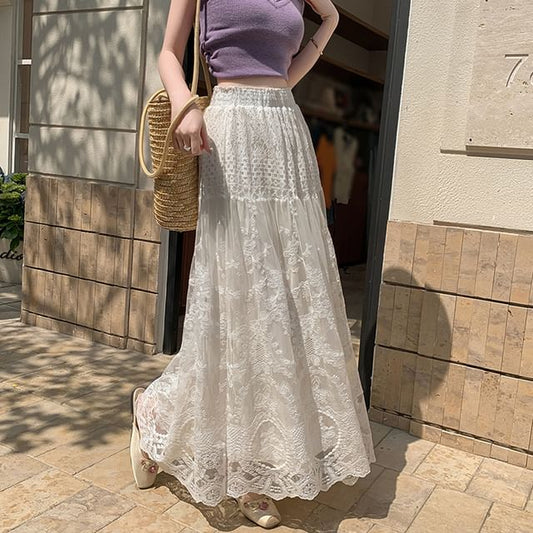 Waist High A-Line Lace Skirt Maxi