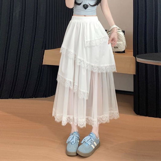 Midi Trim High Lace Skirt A-Line Asymmetrical Mesh Panel Waist