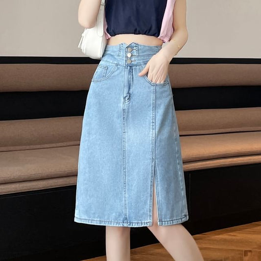 Slit Rise Denim High Skirt Washed A-Line