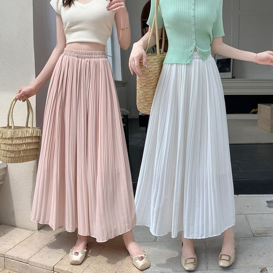 Rise Plain Pleated A-Line Midi Skirt High