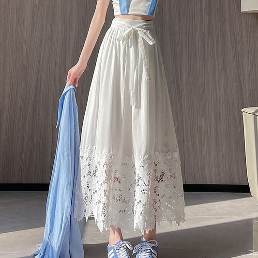 Waist Midi Lace High Skirt A-Line Plain Panel