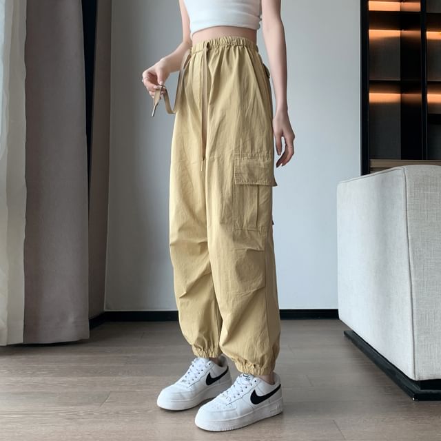 Cropped Drawstring Harem Plain Pants Waist Cargo