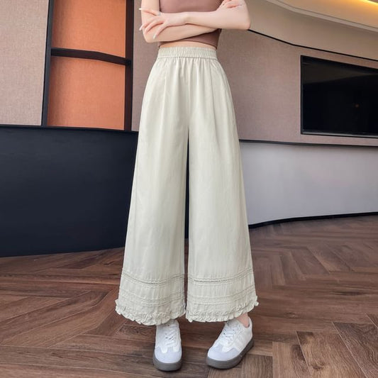Wide Rise Cropped Trim Frill High Plain Pants Panel Leg Lace