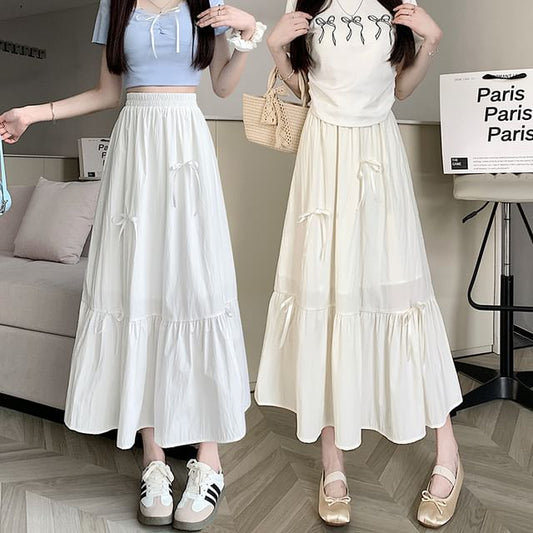A-Line Rise Plain Midi Accent High Bow Skirt