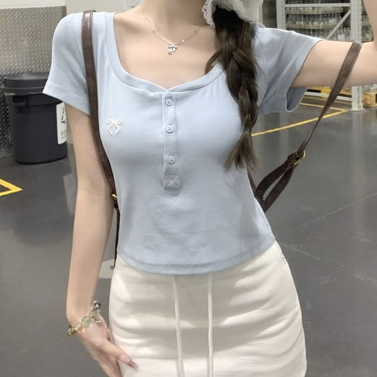 Scoop Neck Slim Bow Crop Fit T-Shirt Short-Sleeve Embroidered