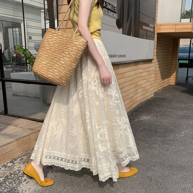 Lace Midi Skirt A-Line High Waist