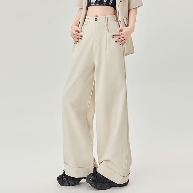 Plain Dress Pants Leg Waist High Wide