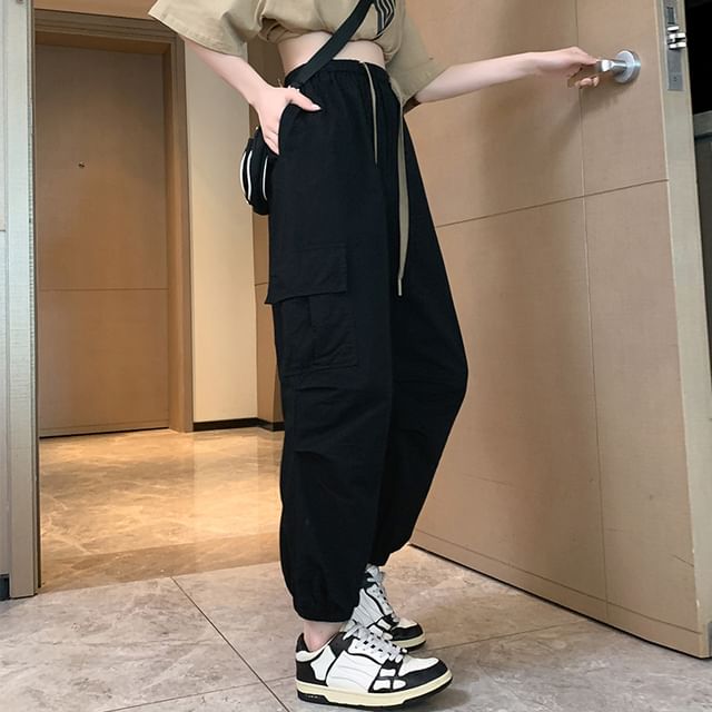 Cropped Drawstring Harem Plain Pants Waist Cargo