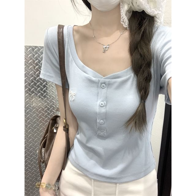Scoop Neck Slim Bow Crop Fit T-Shirt Short-Sleeve Embroidered