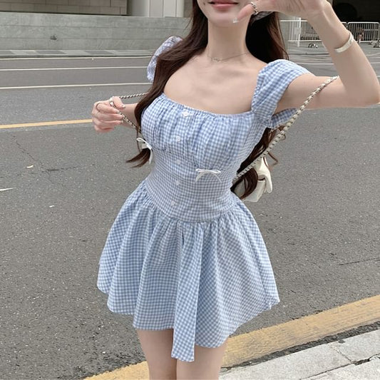 Gingham Bow Dress Mini Puff-Sleeve Kerchief / A-Line