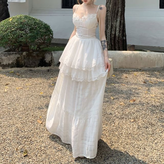 Camisole Peplum / Plain Skirt High Trim Maxi Top Lace Waist A-Line