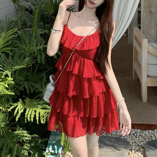 Sundress Spaghetti Mini Plain Ruffle Strap