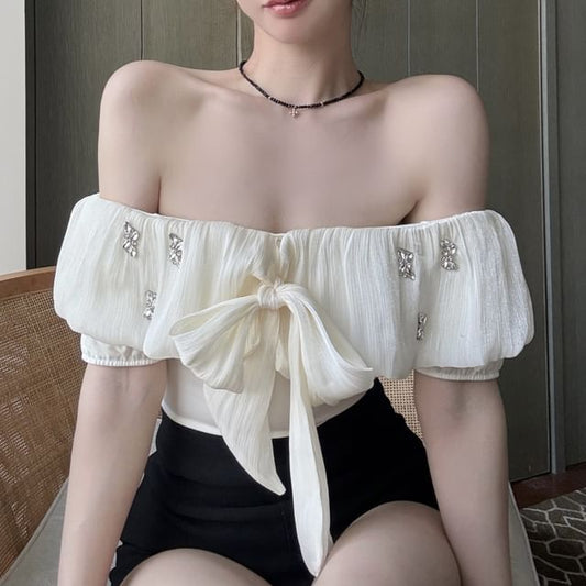 Rhinestone Plain Off-Shoulder Blouse Puff-Sleeve Bow