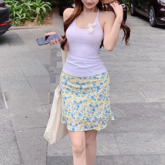 Mini Flower High Top Halter / Scoop Rise Skirt Detail Floral Pencil Neck Plain