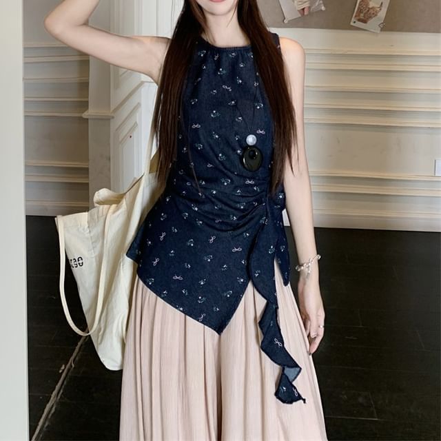 High Pants Rise / Floral Asymmetrical Wide Leg Tank Plain Top