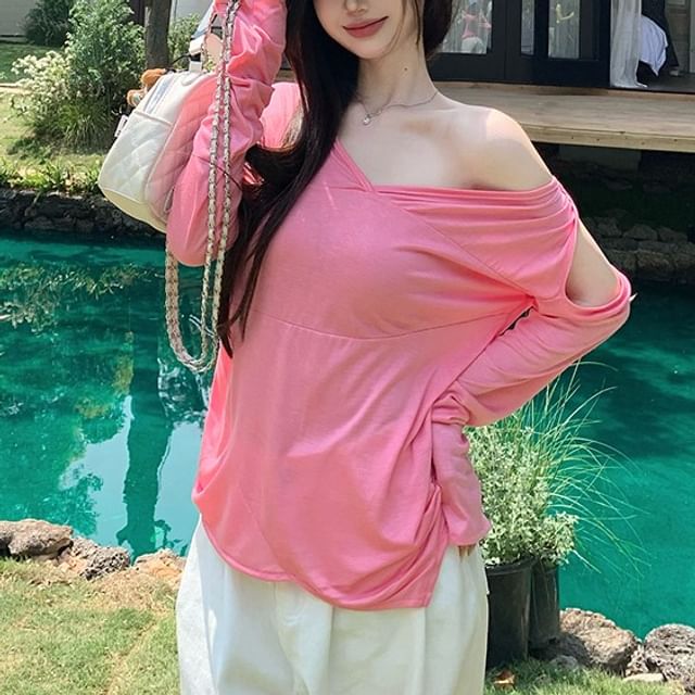 Long-Sleeve Plain One-Shoulder Asymmetrical T-Shirt