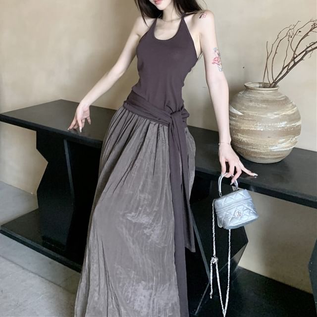 Neck A-Line Waist / Top Scoop Maxi Tie High Plain Skirt Halter