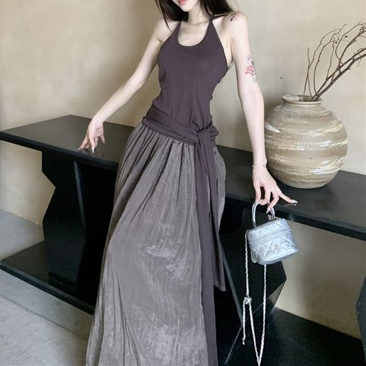 Neck A-Line Waist / Top Scoop Maxi Tie High Plain Skirt Halter