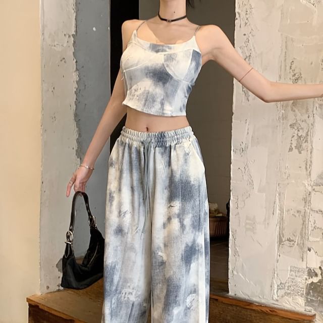 Waist Leg Scoop Dye Pants / Tie Neck Cropped Top Camisole Wide Drawstring