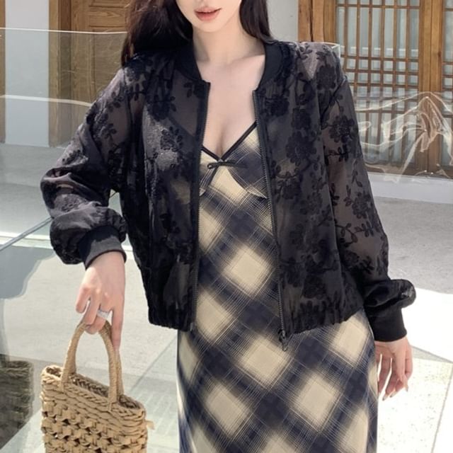 Sheer Zip Embroidered Jacket Flower