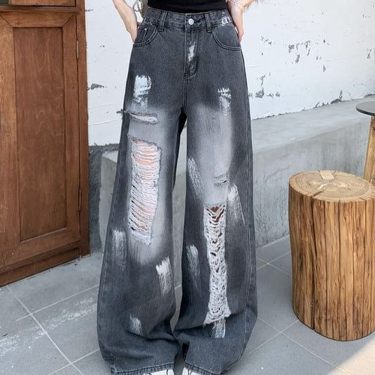 Jeans Wide Washed Print High Leg Splash Distressed Waist