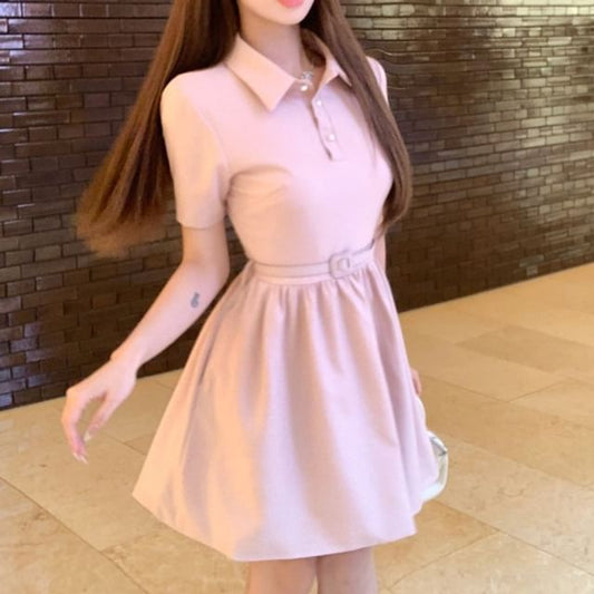 Short-Sleeve A-Line Dress Plain Mini Collar