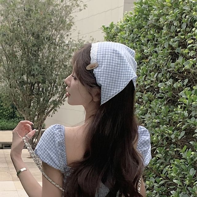 Gingham Bow Dress Mini Puff-Sleeve Kerchief / A-Line