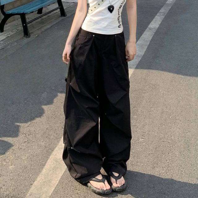 Ruched Pants Waist Leg Plain Mid Wide