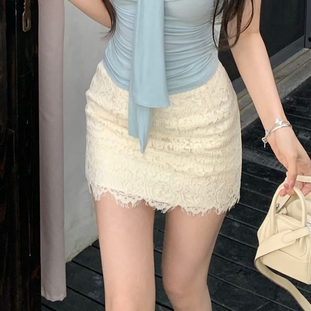 High Pencil Tank Mini Plain Tie-Neck Skirt Rise Lace Top /