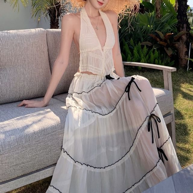 Rise Cropped V-Neck + A-Line Skirt Halter Plain Top Asymmetrical Maxi Set: Low