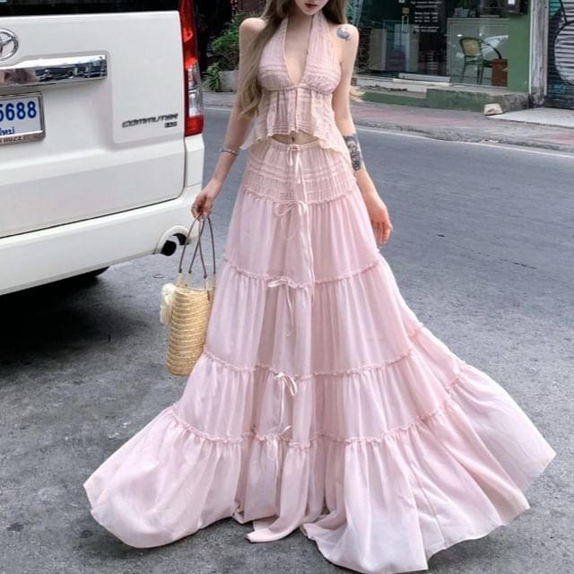 Rise Cropped V-Neck + A-Line Skirt Halter Plain Top Asymmetrical Maxi Set: Low