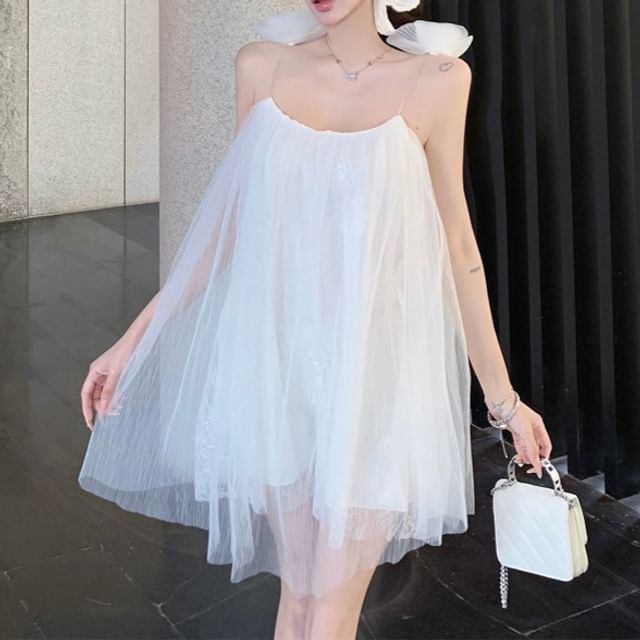 Mesh Detail Spaghetti Plain Mini Flower Sundress Strap