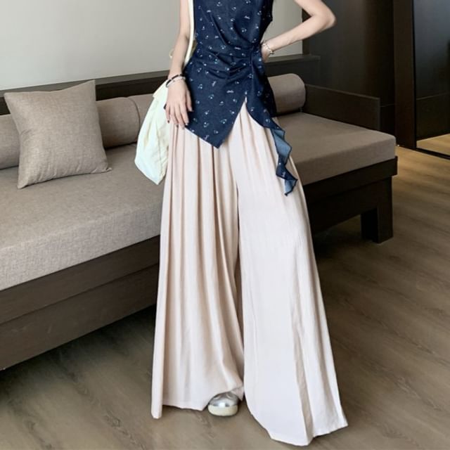 High Pants Rise / Floral Asymmetrical Wide Leg Tank Plain Top