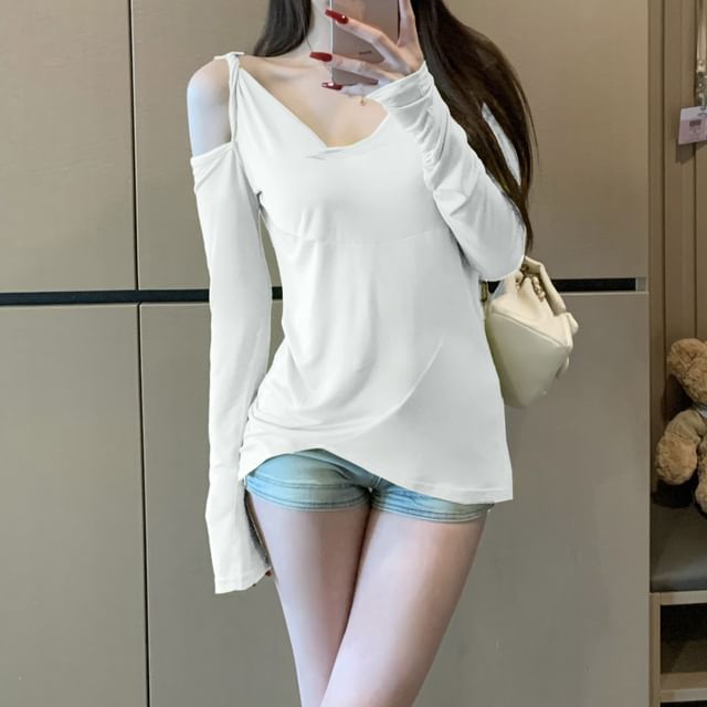 Long-Sleeve Plain One-Shoulder Asymmetrical T-Shirt