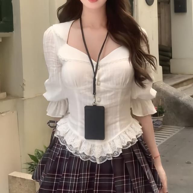 / Skirt Blouse Plain Waist Plaid Button-Up Lace Trim A-Line Top Mini High Cami Striped Puff-Sleeve Pleated