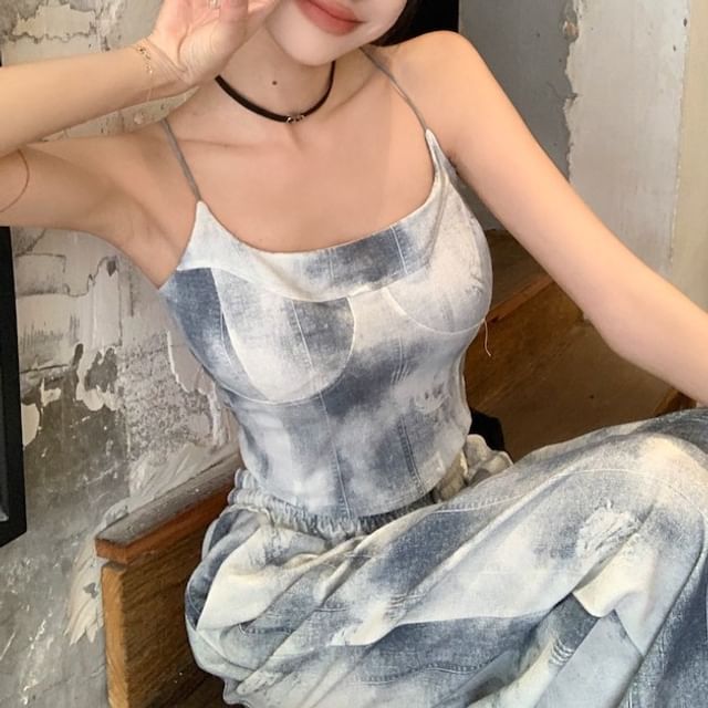 Waist Leg Scoop Dye Pants / Tie Neck Cropped Top Camisole Wide Drawstring