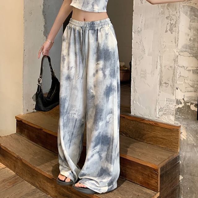 Waist Leg Scoop Dye Pants / Tie Neck Cropped Top Camisole Wide Drawstring