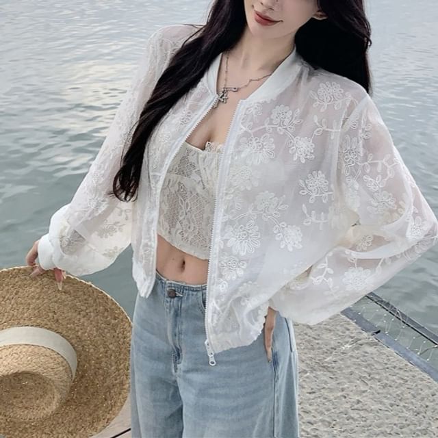Sheer Zip Embroidered Jacket Flower