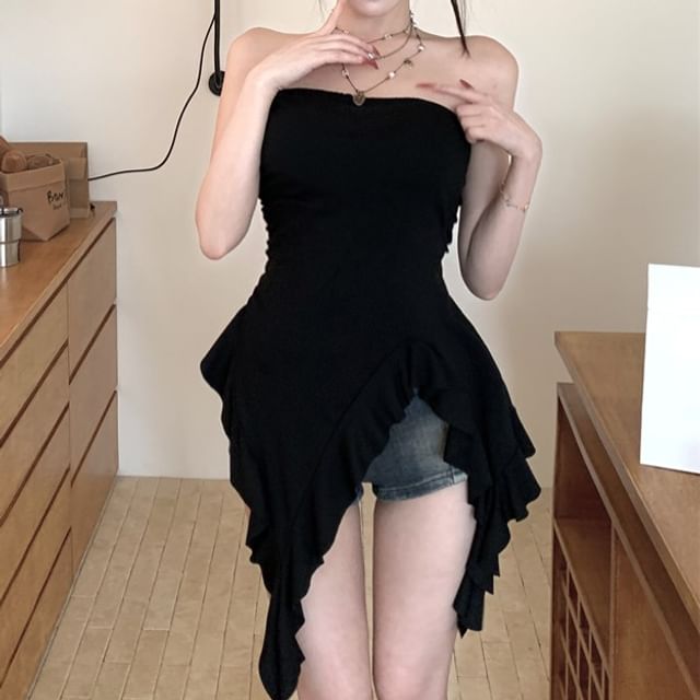 Plain Ruffle Asymmetrical Strapless Top